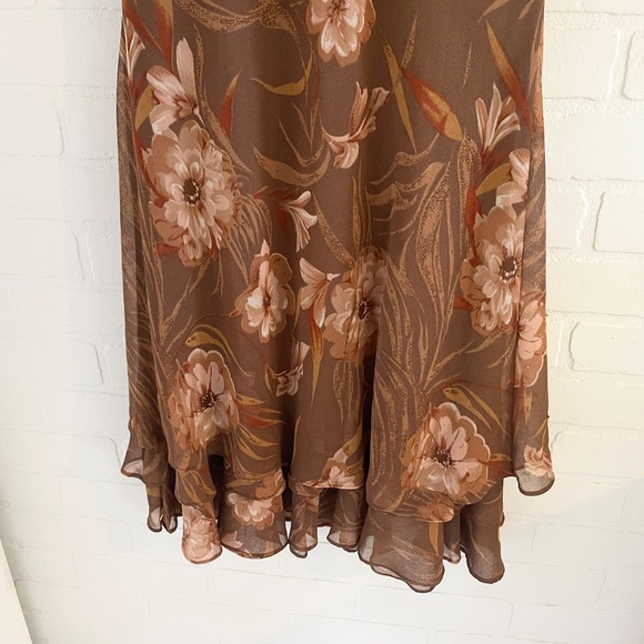 Y2K Midi dress whimsical Wood fairy Floral Chiffon Flowy Ruffled Brown Sz 12 - Picture 12 of 14